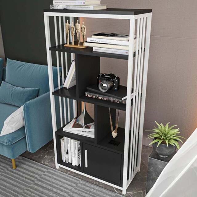 Decorotika Valero Single Door 7 Shelf White and Black Bookcase - Size: 120 x 60 x 29.6cm - Multi - Wilko - image 1