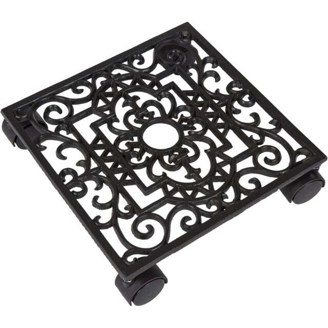Dibor Oak Brown Cast Iron Spiral Motifs Rolling Plant Stand - Size: 28 x 28 x 7cm - Black - Wilko - image 1