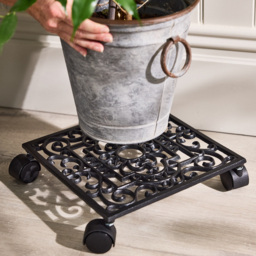 Dibor Oak Brown Cast Iron Spiral Motifs Rolling Plant Stand - Size: 28 x 28 x 7cm - Black - Wilko - thumbnail 3