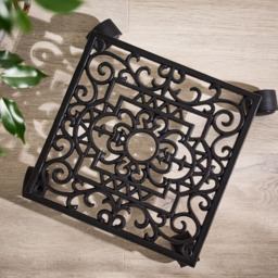 Dibor Oak Brown Cast Iron Spiral Motifs Rolling Plant Stand - Size: 28 x 28 x 7cm - Black - Wilko - thumbnail 4