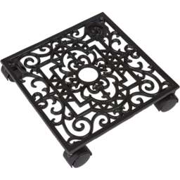 Dibor Oak Brown Cast Iron Spiral Motifs Rolling Plant Stand - Size: 28 x 28 x 7cm - Black - Wilko