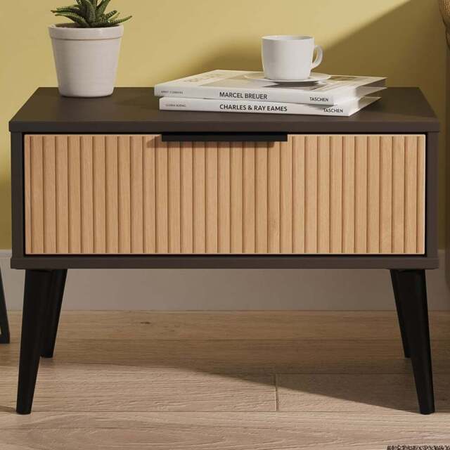 Crowndale Hong Kong Single Drawer Slatt Effect and Graphite Wide Side Table Ready Assembled - Size: 43 x 58 x 40cm - Slatt Effect & Graphite - Wilko - image 1