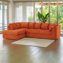 Luxor 4 Seater Orange Jumbo Cord Left Hand Facing Scatter Back L Shaped Corner Sofa Set - Wilko