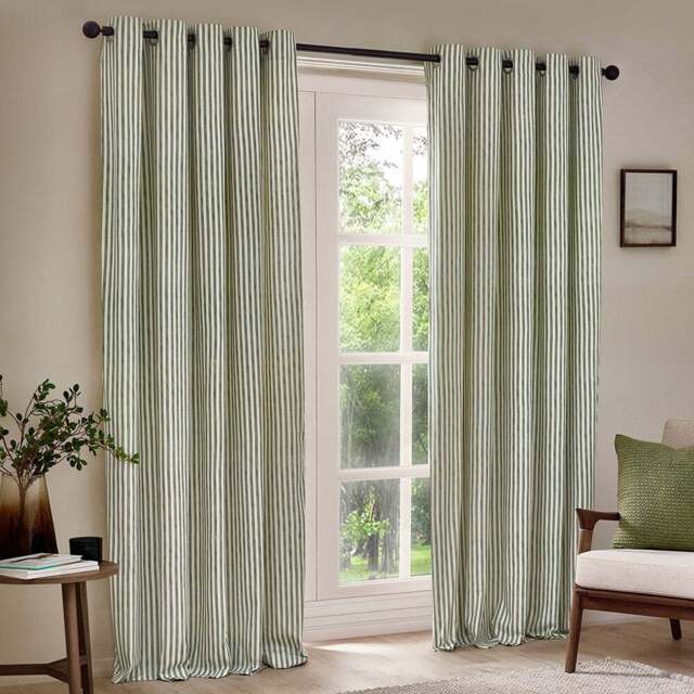 Yard Hebden Green Striped Cotton Eyelet Curtains 229 x 229cm - Wilko - image 1