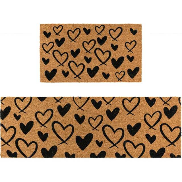 JVL Hearts Coir Latex Backed Door Mat and Runner Set - Size: 121 x 41 x 4cm - Brown - Wilko - image 1