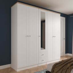 Crowndale Sussex 5 Door 2 Drawer White Ash and Bardolino Oak Tall Mirror Wardrobe Ready Assembled - White Ash & Bardolino Oak - Wilko
