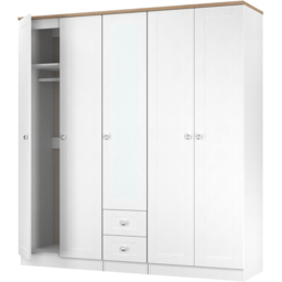 Crowndale Sussex 5 Door 2 Drawer White Ash and Bardolino Oak Tall Mirror Wardrobe Ready Assembled - White Ash & Bardolino Oak - Wilko - thumbnail 5