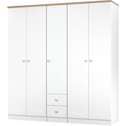 Crowndale Sussex 5 Door 2 Drawer White Ash and Bardolino Oak Tall Mirror Wardrobe Ready Assembled - White Ash & Bardolino Oak - Wilko - thumbnail 4