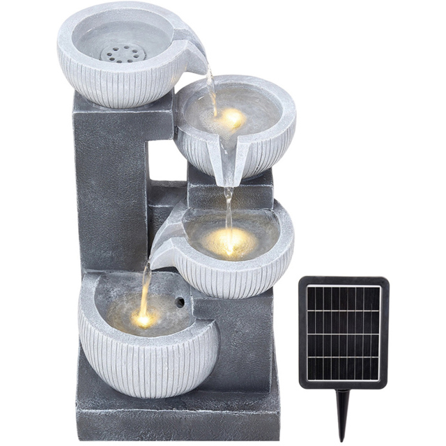 Living and Home 4-Tier Stone Effect Cascading Bowl Solar LED Water Feature - Size: 47 x 27 x 22cm - Grey - Wilko - image 1