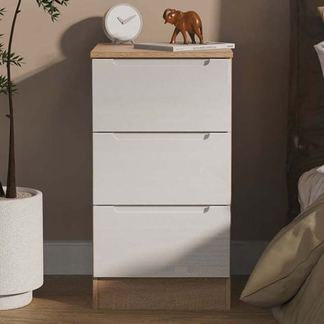 Crowndale Milan 3 Drawer White Gloss and Bardolino Oak Bedside Cabinet Ready Assembled - White Gloss & Bardolino Oak - Wilko - image 1