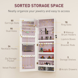 Portland Pink Lining Door Hanging Jewellery Cabinet Mirror - Size: 108 x 37cm - White - Wilko - thumbnail 7