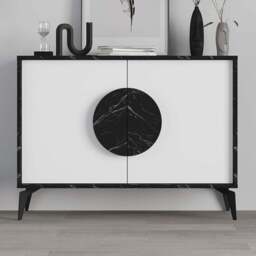 Decortie Gora 2 Door Black Marble Effect and White Console Sideboard - Size: 82 x 110 x 35.6cm - Multi - Wilko