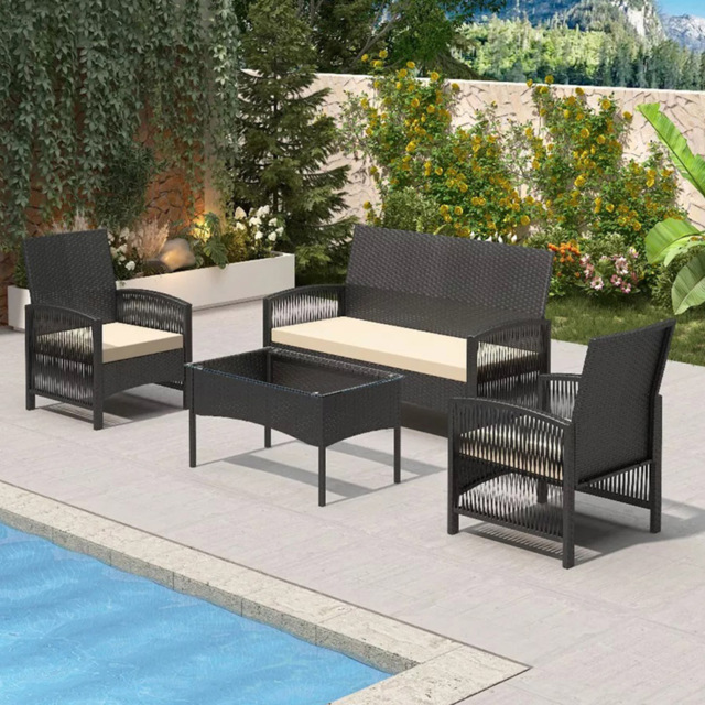 Sofia 4 Seater Black Rattan Outdoor Sofa Set with Table and Seat Cushions - MCC - Wilko - image 1