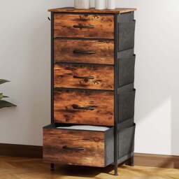 HOMCOM 5 Drawer 4 Side Pockets 2 Hooks Rustic Brown Fabric Chest of Drawers - Wilko