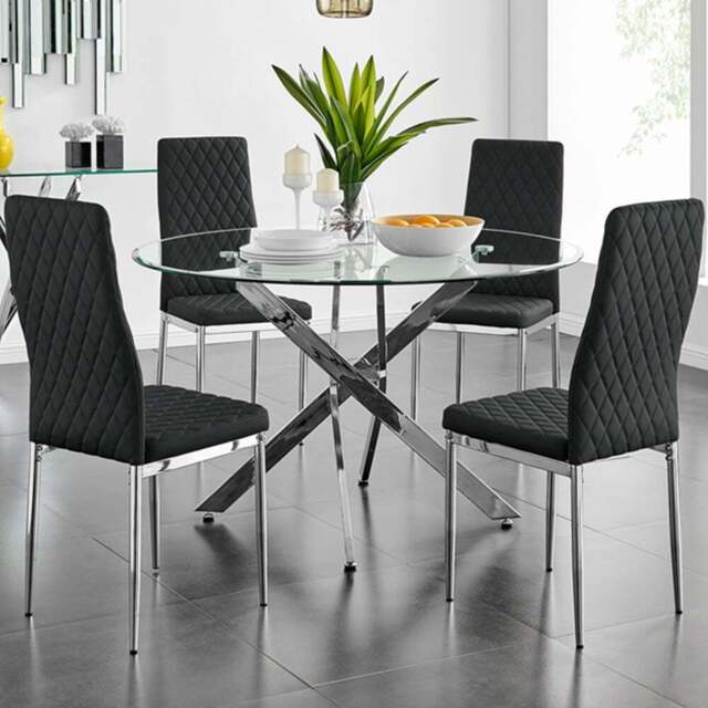 Furniturebox Arona Valera Glass 4 Seater Round Dining Set Chrome and Black - Wilko - image 1