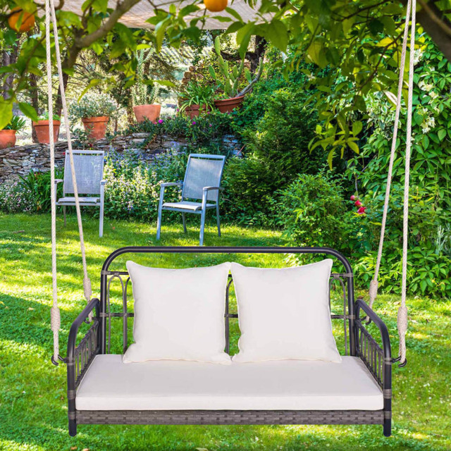 Costway 2 Seater Off White Wicker Garden Swing Chair - Wilko - image 1