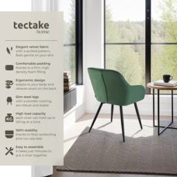 tectake Marilyn Set of 4 Dark Green and Black Quilted Velvet Dining Chair - Wilko - thumbnail 4