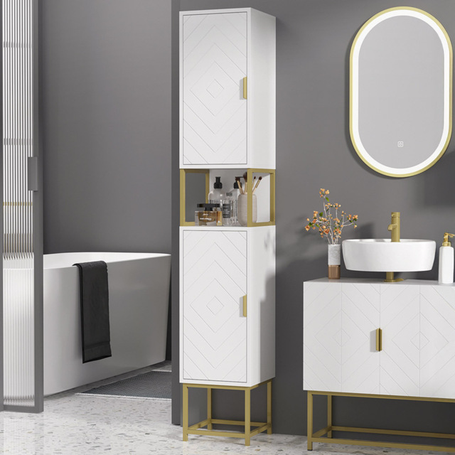 Kleankin 2 Door White and Gold Freestanding Bathroom Cabinet with Adjustable Shelf - Size: 170.7 cm x 30.0 cm x 30.0 cmcm - Wilko - image 1