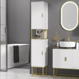 Kleankin 2 Door White and Gold Freestanding Bathroom Cabinet with Adjustable Shelf - Size: 170.7 cm x 30.0 cm x 30.0 cmcm - Wilko