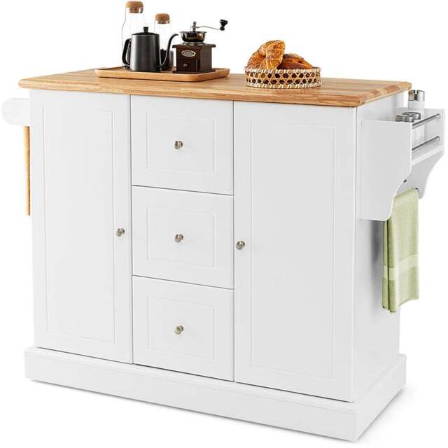 Costway 2 Door 3 Drawer White Mobile Kitchen Island Cart - Size: 127 x 46 x 92cm - Wilko - image 1