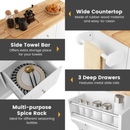 Costway 2 Door 3 Drawer White Mobile Kitchen Island Cart - Size: 127 x 46 x 92cm - Wilko - thumbnail 7