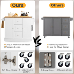 Costway 2 Door 3 Drawer White Mobile Kitchen Island Cart - Size: 127 x 46 x 92cm - Wilko - thumbnail 6