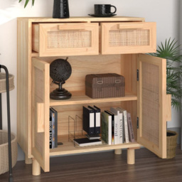 vidaXL 2 Door 2 Drawer Brown Solid Pine Wood and Natural Rattan Sideboard - Size: 75 x 60 x 30cm - Wilko - thumbnail 1