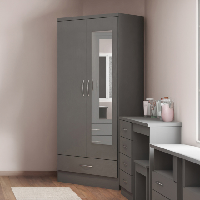 Seconique Nevada 2 Door Single Drawer 3D Effect Grey Mirror Wardrobe - Size: 2 Door, Single Drawer - Wilko - image 1