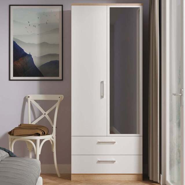 Crowndale Devon 2 Door 2 Drawer Matt White and Bardolino Oak Mirrored Wardrobe Ready Assembled - White Matt & Bardolino Oak - Wilko - image 1