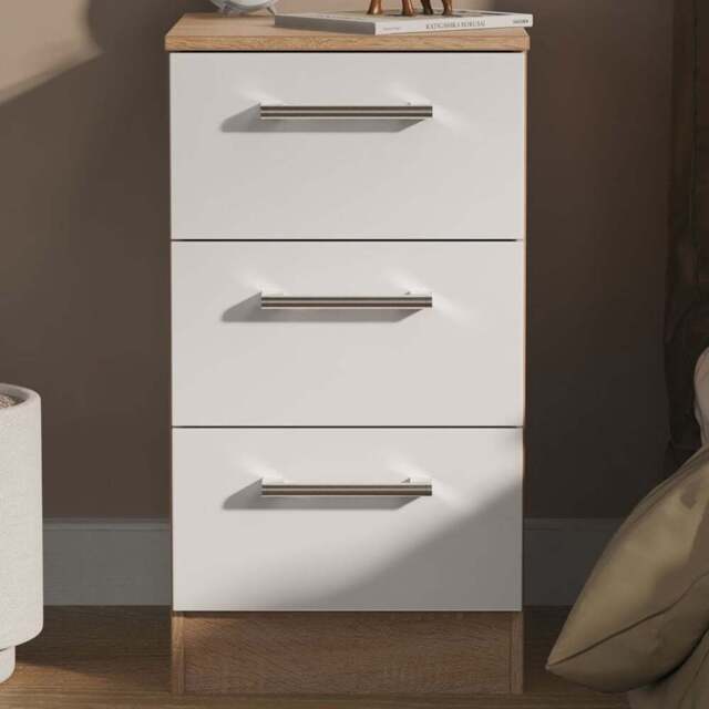 Crowndale Devon 3 Drawer Matt White and Bardolino Oak Bedside Cabinet Ready Assembled - White Matt & Bardolino Oak - Wilko - image 1