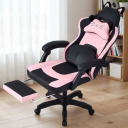Living and Home Black and Pink Cat Ear Design Gaming Chair with Massage Lumbar Pillow - Size: 123 x 59 x 88cm - Black + Pink - Wilko