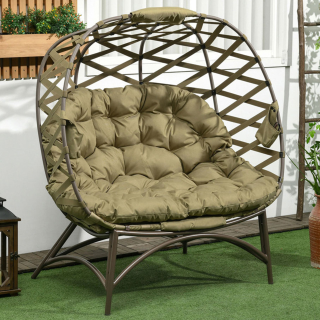 Outsunny 2 Seater Khaki Outdoor Egg Chair with Cushion - Green - Wilko - image 1