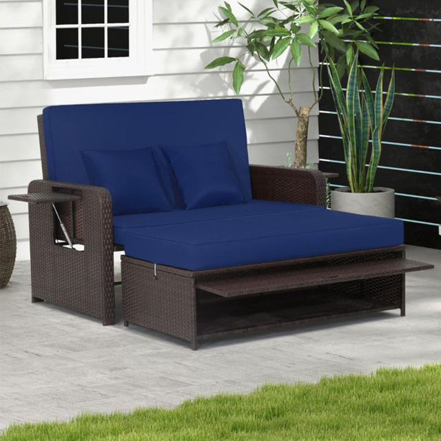 Costway 2 Seater Ratan Wicker Blue Loveseat Sofa with Ottoman and Side Tray - Wilko - image 1