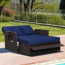 Costway 2 Seater Ratan Wicker Blue Loveseat Sofa with Ottoman and Side Tray - Wilko - thumbnail 4