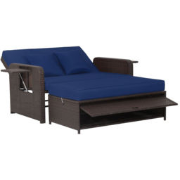 Costway 2 Seater Ratan Wicker Blue Loveseat Sofa with Ottoman and Side Tray - Wilko - thumbnail 3