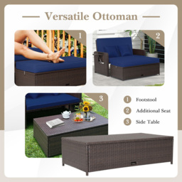 Costway 2 Seater Ratan Wicker Blue Loveseat Sofa with Ottoman and Side Tray - Wilko - thumbnail 7