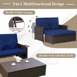Costway 2 Seater Ratan Wicker Blue Loveseat Sofa with Ottoman and Side Tray - Wilko - thumbnail 6