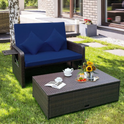 Costway 2 Seater Ratan Wicker Blue Loveseat Sofa with Ottoman and Side Tray - Wilko - thumbnail 5