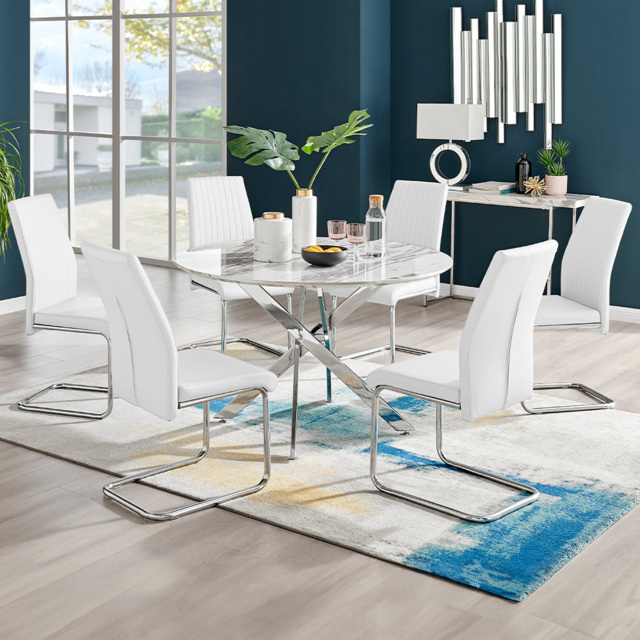 Furniturebox Arona Fortana Marble Effect 6 Seater Round Dining Set White and Chrome - Wilko - image 1