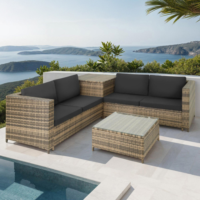 tectake Siena 4 Seater Natural and Dark Grey Rattan Garden Lounge Set with Storage Box - Brown - Wilko - image 1