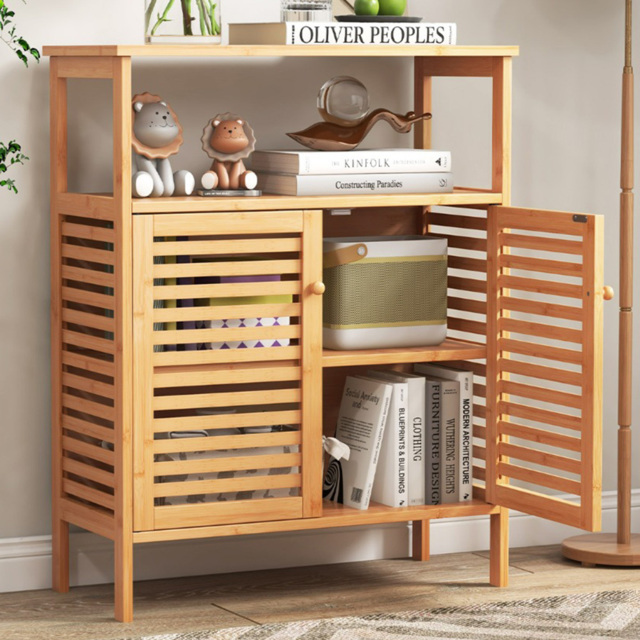 Costway 2 Door Single Shelf Natural Bamboo Storage Cabinet - Size: 91.4 x 38.1 x 20.32cm - Cream - Wilko - image 1