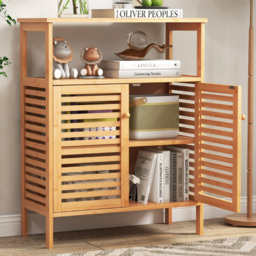 Costway 2 Door Single Shelf Natural Bamboo Storage Cabinet - Size: 91.4 x 38.1 x 20.32cm - Cream - Wilko - thumbnail 1