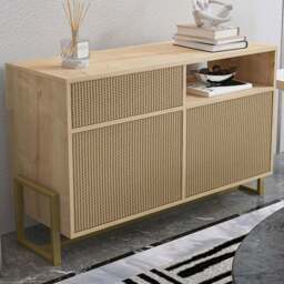 Decorotika Utopie 3 Door Singe Shelf Oak and Rattan Modern Storage Cabinet - Size: 78.4 x 120 x 45cm - Multi - Wilko
