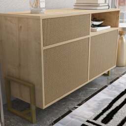 Decorotika Utopie 3 Door Singe Shelf Oak and Rattan Modern Storage Cabinet - Size: 78.4 x 120 x 45cm - Multi - Wilko - thumbnail 5
