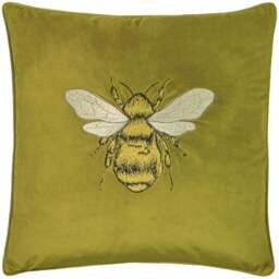 Paoletti Hortus Olive Bee Embroidered Cushion - Size: 50 x 50 cm - Green - Wilko