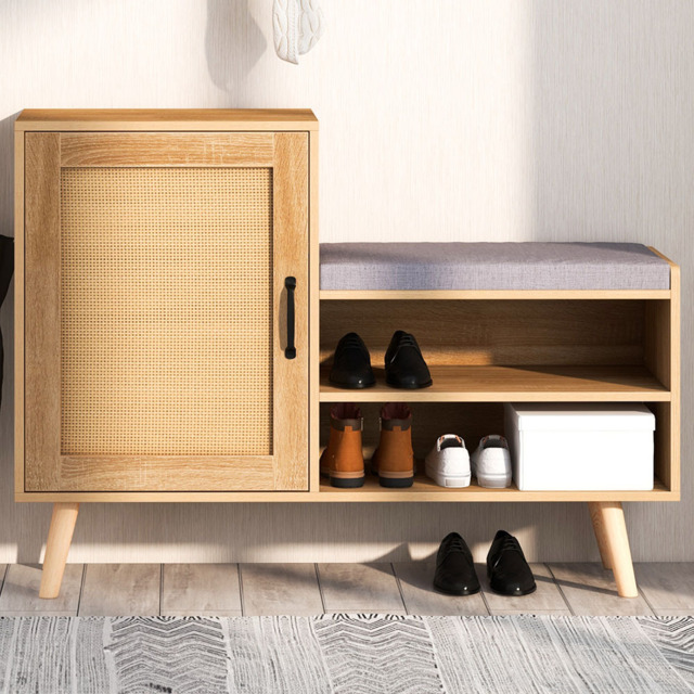 Costway Single Door 2 Shelf Natural Rattan Shoe Cabinet Bench - Size: 127 x 56 x 15cm - Cream - Wilko - image 1