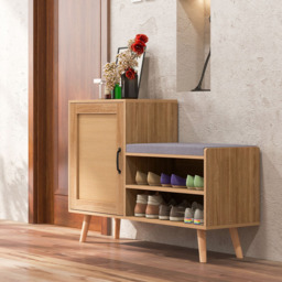 Costway Single Door 2 Shelf Natural Rattan Shoe Cabinet Bench - Size: 127 x 56 x 15cm - Cream - Wilko - thumbnail 4