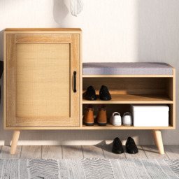 Costway Single Door 2 Shelf Natural Rattan Shoe Cabinet Bench - Size: 127 x 56 x 15cm - Cream - Wilko