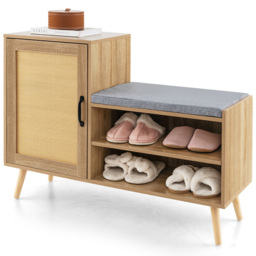 Costway Single Door 2 Shelf Natural Rattan Shoe Cabinet Bench - Size: 127 x 56 x 15cm - Cream - Wilko - thumbnail 3