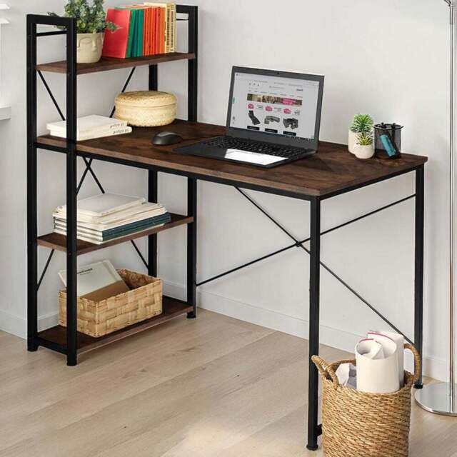 tectake 3 Compartment Dark Wood Industrial Desk with Integrated Shelf - Size: 120 x 61 x 122cm - Brown - Wilko - image 1